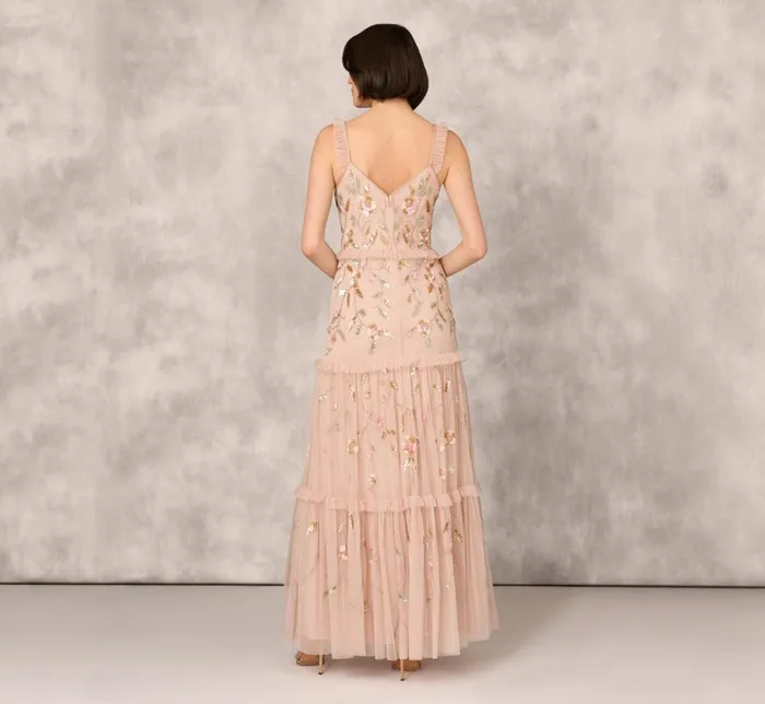 Adrianna Papell Formal Dresses Floral Beaded Tiered Gown With Ruffle Details In Pink Multi 8211 Women