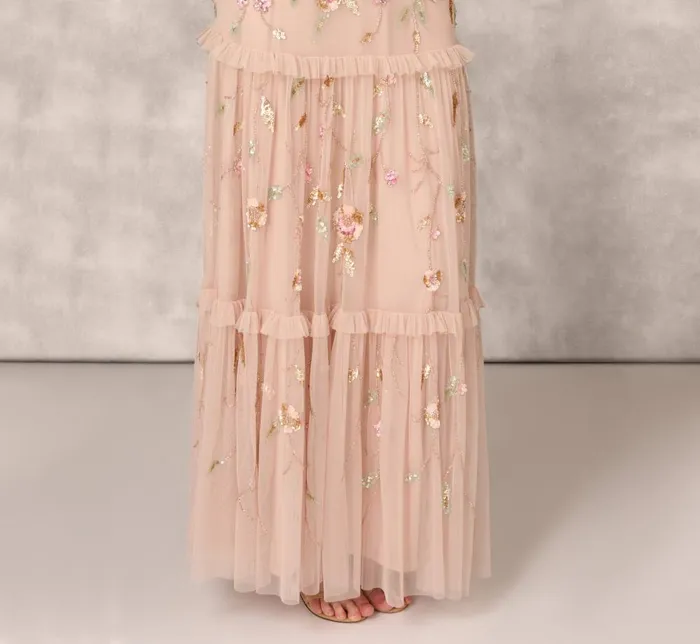 Adrianna Papell Formal Dresses Floral Beaded Tiered Gown With Ruffle Details In Pink Multi 8211 Women