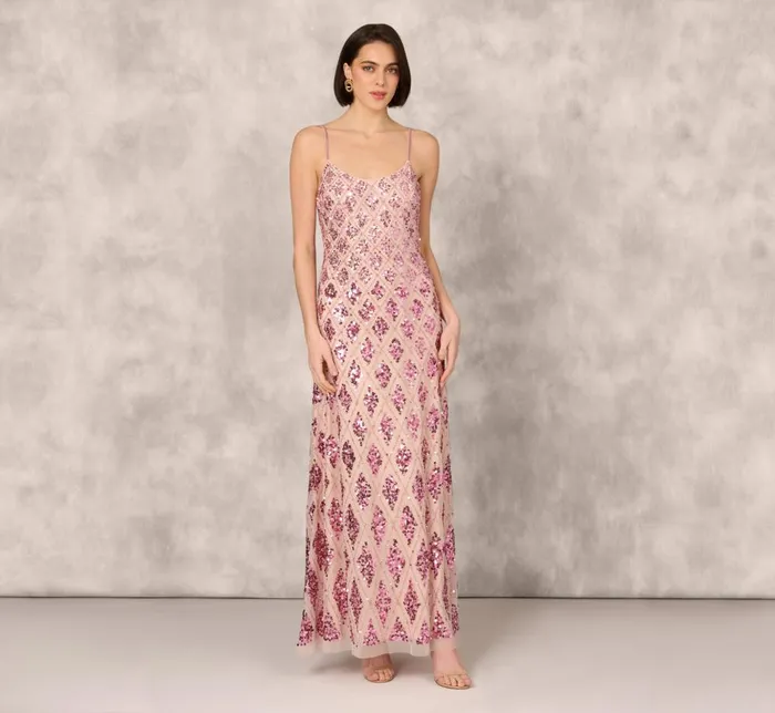 Adrianna Papell Formal Dresses Geometric Sequin Beaded Gown With Scoop Neckline In Pink Multi 8211 Women Adrianna Papell Formal Dresses Geometric Sequin Beaded Gown With Scoop Neckline In Pink Multi 8211 Women