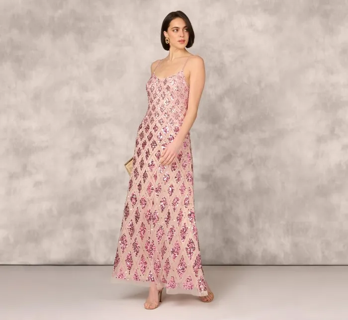 Adrianna Papell Formal Dresses Geometric Sequin Beaded Gown With Scoop Neckline In Pink Multi 8211 Women