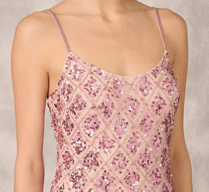Adrianna Papell Formal Dresses Geometric Sequin Beaded Gown With Scoop Neckline In Pink Multi 8211 Women
