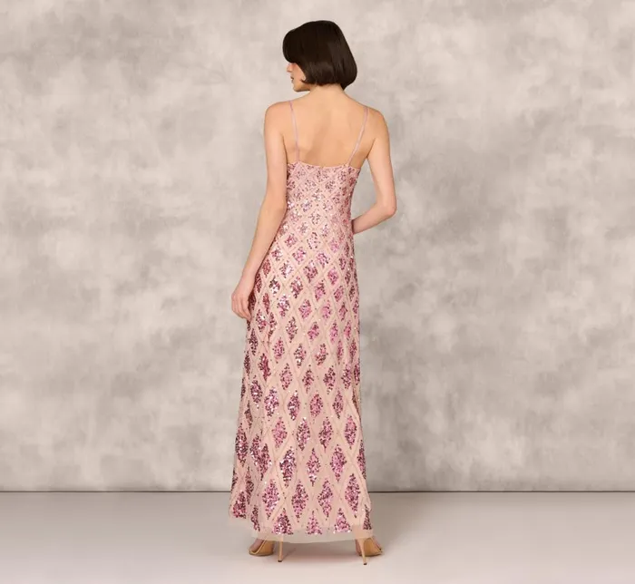 Adrianna Papell Formal Dresses Geometric Sequin Beaded Gown With Scoop Neckline In Pink Multi 8211 Women