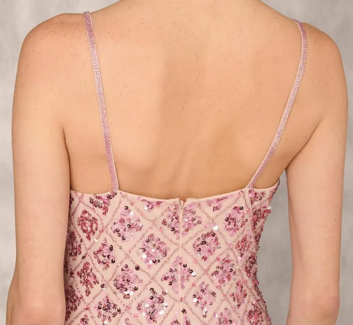 Adrianna Papell Formal Dresses Geometric Sequin Beaded Gown With Scoop Neckline In Pink Multi 8211 Women
