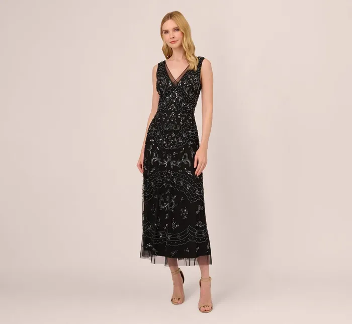 Adrianna Papell Formal Dresses HandBeaded AnkleLength Dress In Black Gunmetal 8211 Women Adrianna Papell Formal Dresses HandBeaded AnkleLength Dress In Black Gunmetal 8211 Women