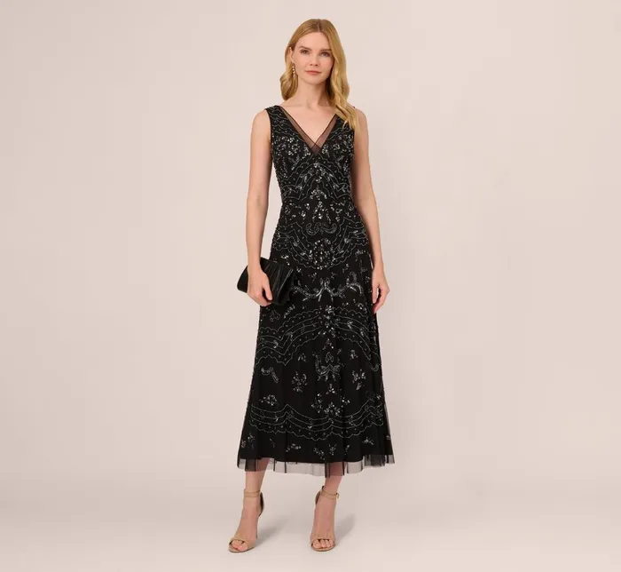 Adrianna Papell Formal Dresses HandBeaded AnkleLength Dress In Black Gunmetal 8211 Women