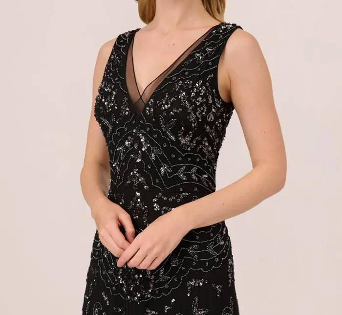 Adrianna Papell Formal Dresses HandBeaded AnkleLength Dress In Black Gunmetal 8211 Women