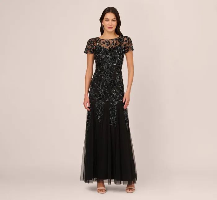Adrianna Papell Formal Dresses Hand Beaded Short Sleeve Floral Godet Gown In Black Gunmetal 8211 Women