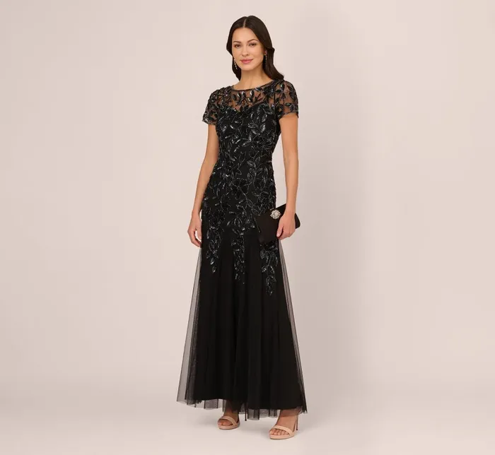 Adrianna Papell Formal Dresses Hand Beaded Short Sleeve Floral Godet Gown In Black Gunmetal 8211 Women