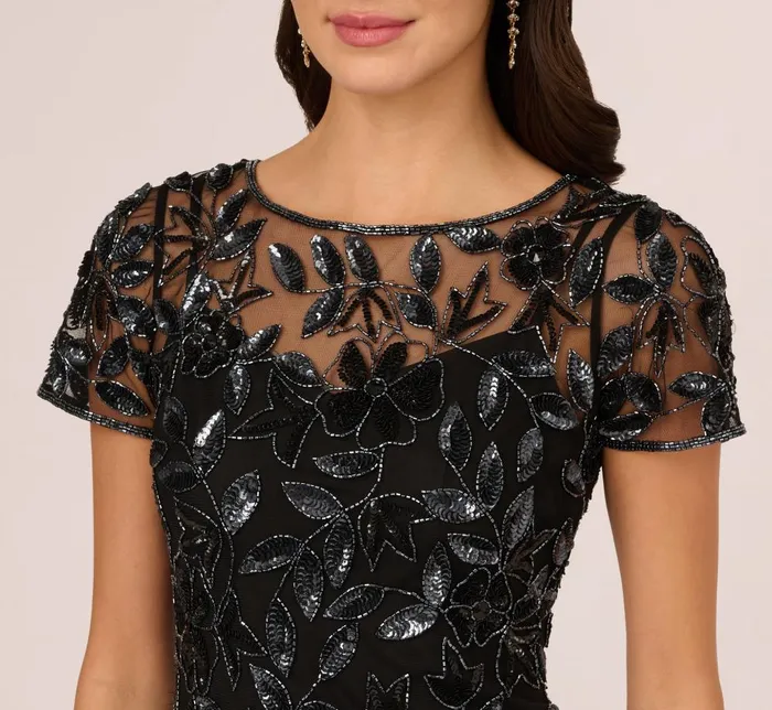 Adrianna Papell Formal Dresses Hand Beaded Short Sleeve Floral Godet Gown In Black Gunmetal 8211 Women
