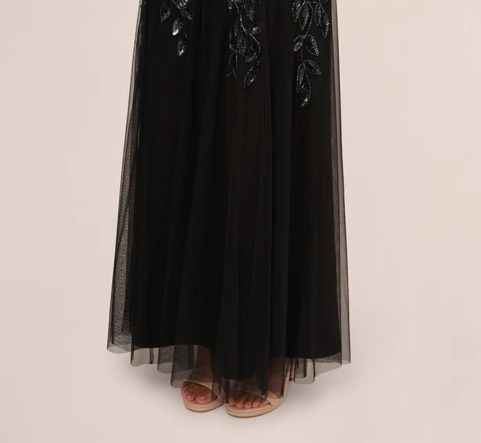 Adrianna Papell Formal Dresses Hand Beaded Short Sleeve Floral Godet Gown In Black Gunmetal 8211 Women