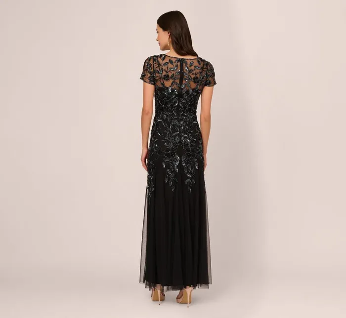 Adrianna Papell Formal Dresses Hand Beaded Short Sleeve Floral Godet Gown In Black Gunmetal 8211 Women