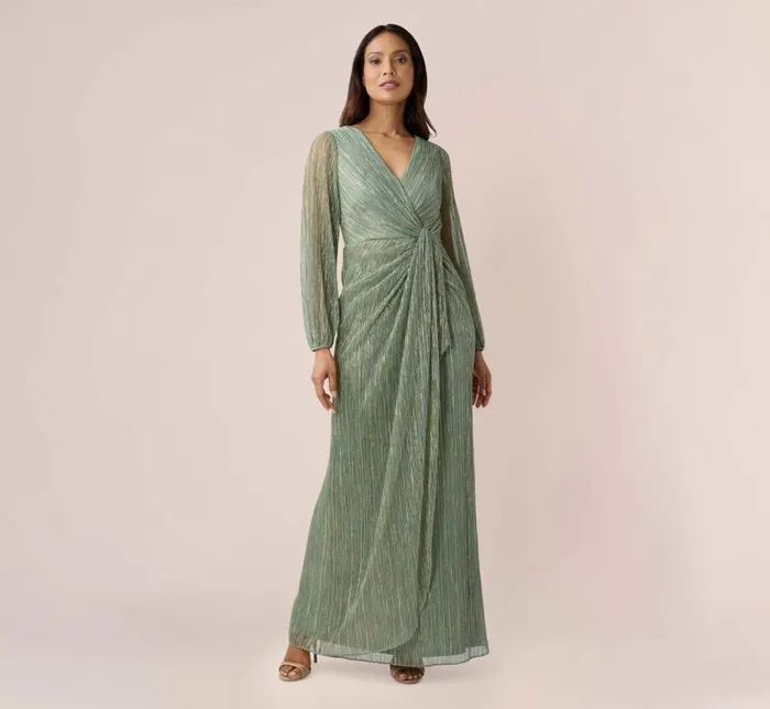 Adrianna Papell Formal Dresses Metallic Crinkled Mesh Draped Long Gown In Green Slate 8211 Women Adrianna Papell Formal Dresses Metallic Crinkled Mesh Draped Long Gown In Green Slate 8211 Women