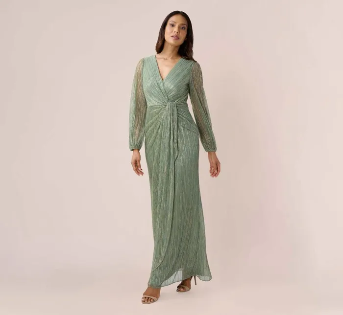 Adrianna Papell Formal Dresses Metallic Crinkled Mesh Draped Long Gown In Green Slate 8211 Women
