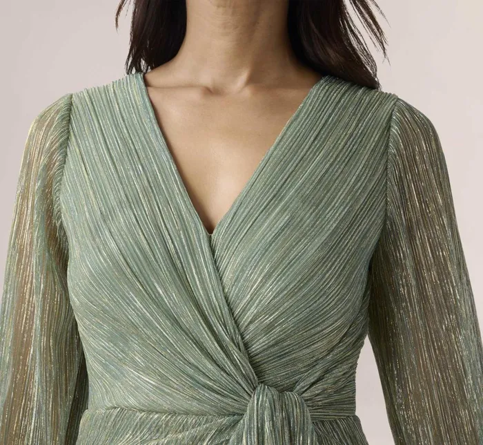 Adrianna Papell Formal Dresses Metallic Crinkled Mesh Draped Long Gown In Green Slate 8211 Women