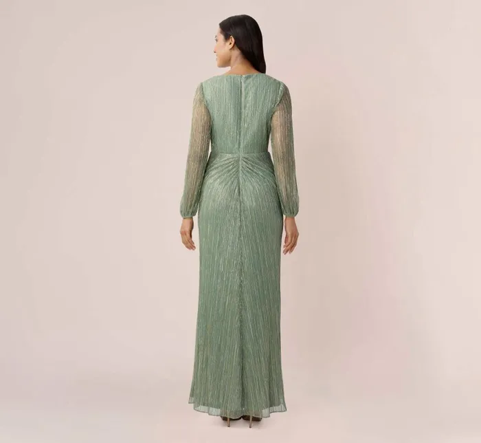 Adrianna Papell Formal Dresses Metallic Crinkled Mesh Draped Long Gown In Green Slate 8211 Women