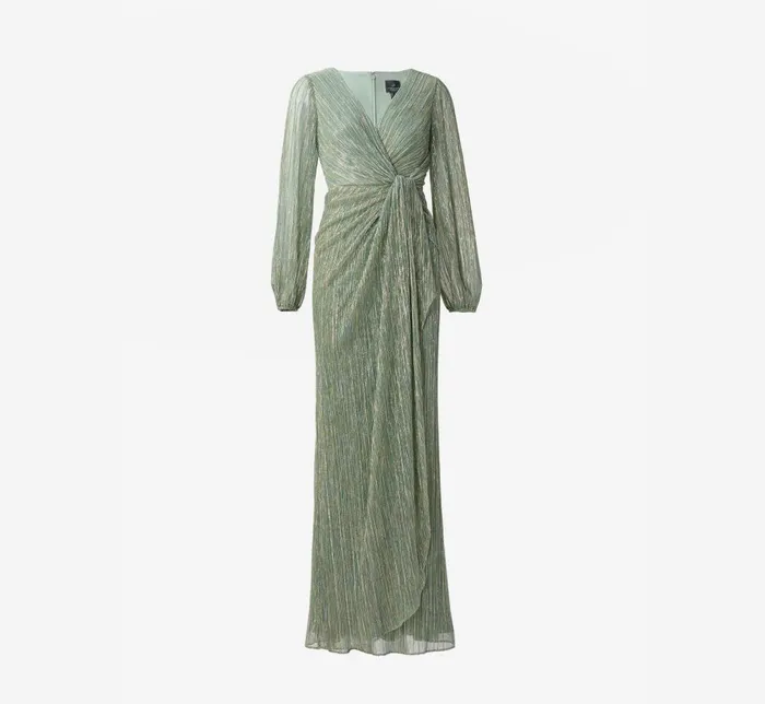 Adrianna Papell Formal Dresses Metallic Crinkled Mesh Draped Long Gown In Green Slate 8211 Women