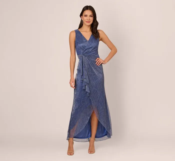 Adrianna Papell Formal Dresses Metallic Mesh Faux Wrap Gown With Ruffle Accents In Light Navy 8211 Women Adrianna Papell Formal Dresses Metallic Mesh Faux Wrap Gown With Ruffle Accents In Light Navy 8211 Women