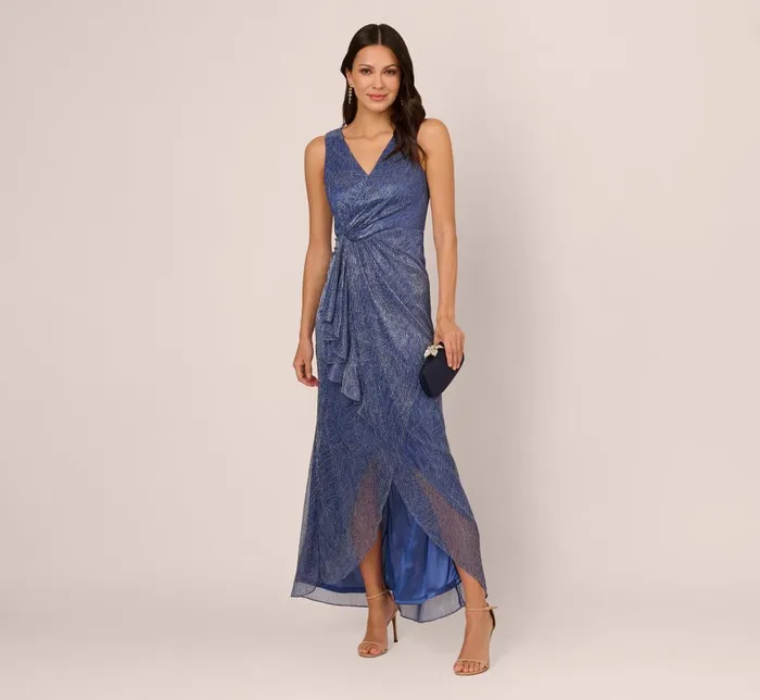 Adrianna Papell Formal Dresses Metallic Mesh Faux Wrap Gown With Ruffle Accents In Light Navy 8211 Women