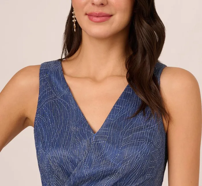 Adrianna Papell Formal Dresses Metallic Mesh Faux Wrap Gown With Ruffle Accents In Light Navy 8211 Women