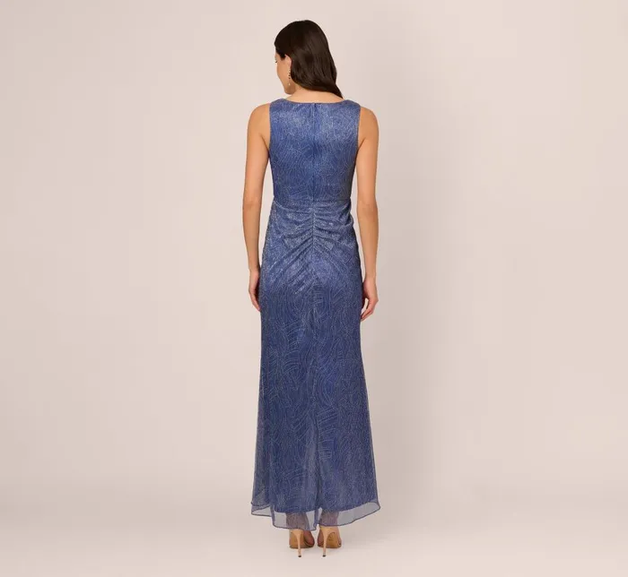 Adrianna Papell Formal Dresses Metallic Mesh Faux Wrap Gown With Ruffle Accents In Light Navy 8211 Women