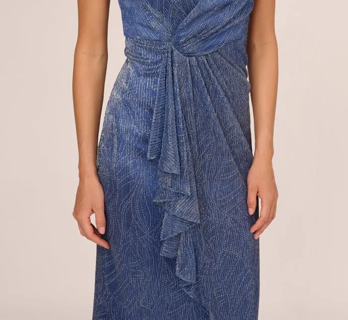 Adrianna Papell Formal Dresses Metallic Mesh Faux Wrap Gown With Ruffle Accents In Light Navy 8211 Women
