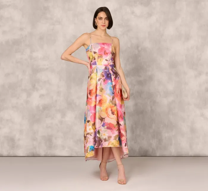 Adrianna Papell Formal Dresses Multicolor Metallic Floral Print Jacquard High Low Gown With Pockets In Pink Multi 8211 Women