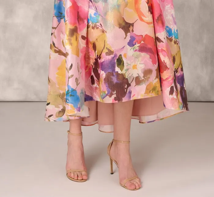Adrianna Papell Formal Dresses Multicolor Metallic Floral Print Jacquard High Low Gown With Pockets In Pink Multi 8211 Women