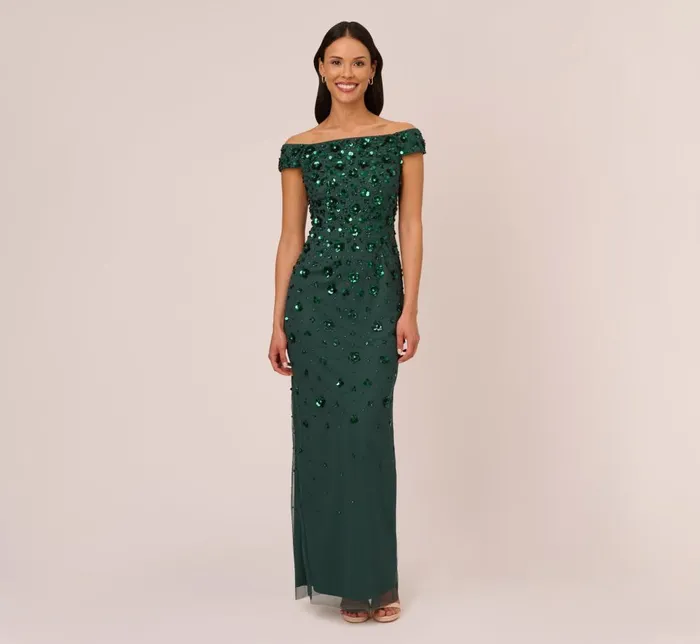 Adrianna Papell Formal Dresses Off Shoulder Dress With Floral Embellishment In Dusty Emerald 8211 Women Adrianna Papell Formal Dresses Off Shoulder Dress With Floral Embellishment In Dusty Emerald 8211 Women