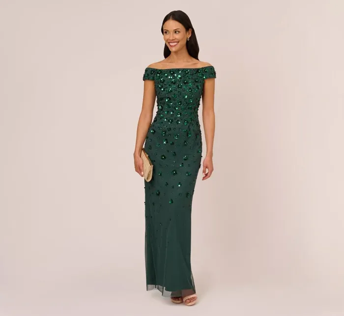 Adrianna Papell Formal Dresses Off Shoulder Dress With Floral Embellishment In Dusty Emerald 8211 Women