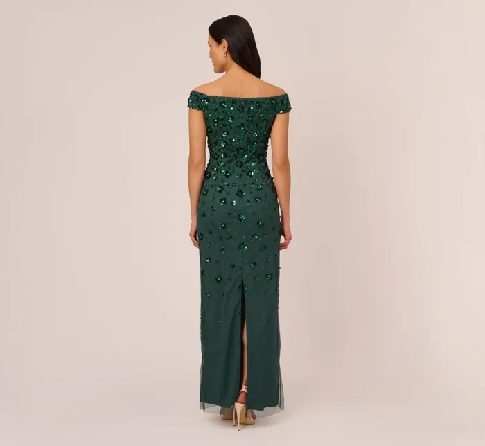 Adrianna Papell Formal Dresses Off Shoulder Dress With Floral Embellishment In Dusty Emerald 8211 Women