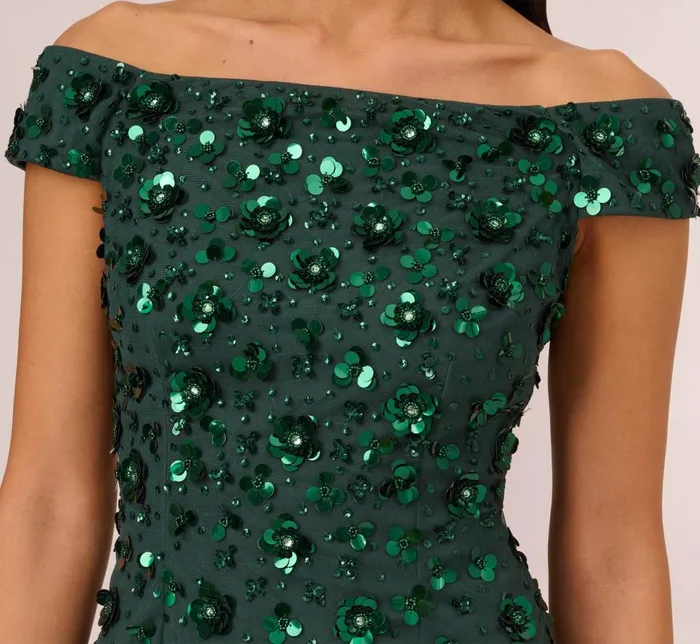 Adrianna Papell Formal Dresses Off Shoulder Dress With Floral Embellishment In Dusty Emerald 8211 Women
