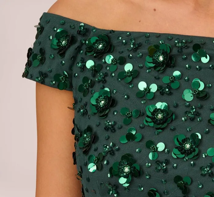 Adrianna Papell Formal Dresses Off Shoulder Dress With Floral Embellishment In Dusty Emerald 8211 Women