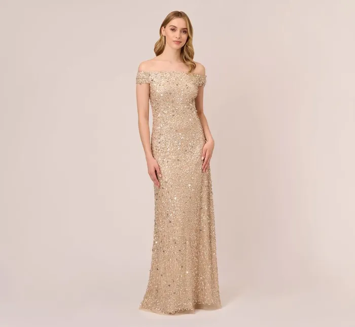 Adrianna Papell Formal Dresses Off The Shoulder Sequin Beaded Gown In Champagne 8211 Women