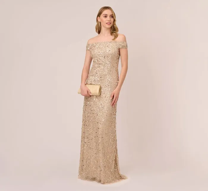 Adrianna Papell Formal Dresses Off The Shoulder Sequin Beaded Gown In Champagne 8211 Women