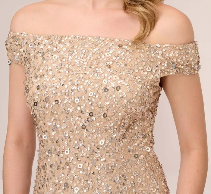 Adrianna Papell Formal Dresses Off The Shoulder Sequin Beaded Gown In Champagne 8211 Women