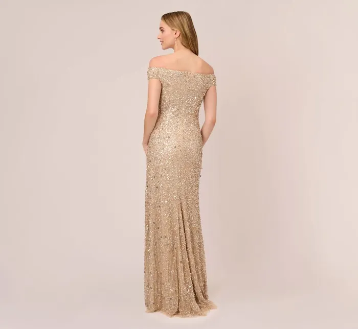 Adrianna Papell Formal Dresses Off The Shoulder Sequin Beaded Gown In Champagne 8211 Women