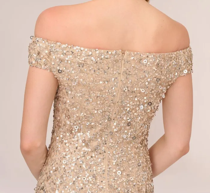 Adrianna Papell Formal Dresses Off The Shoulder Sequin Beaded Gown In Champagne 8211 Women
