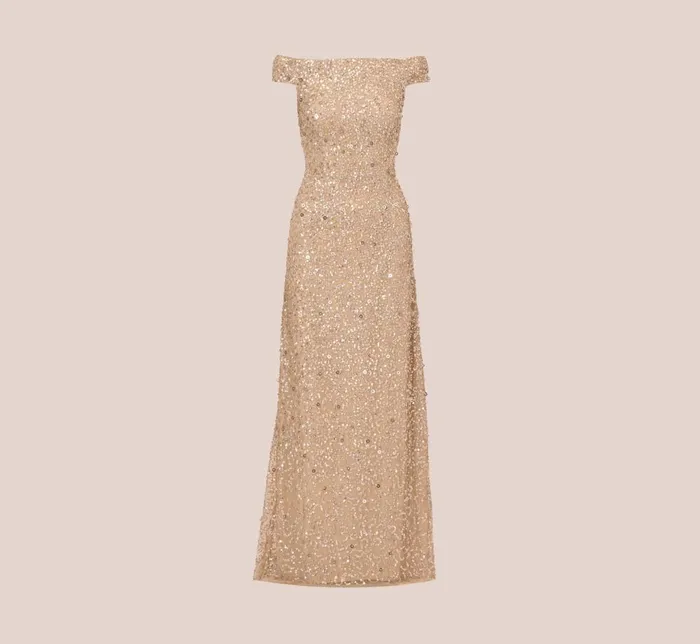 Adrianna Papell Formal Dresses Off The Shoulder Sequin Beaded Gown In Champagne 8211 Women