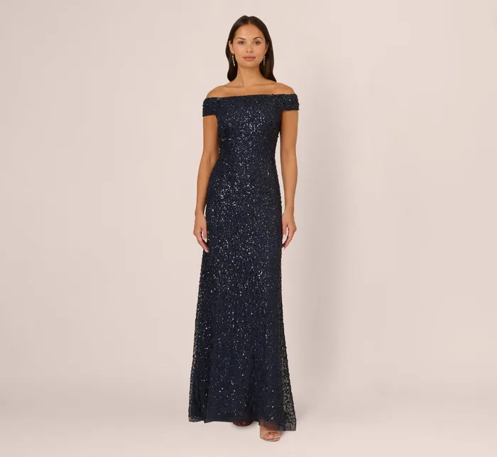 Adrianna Papell Formal Dresses Off The Shoulder Sequin Beaded Gown In Navy 8211 Women
