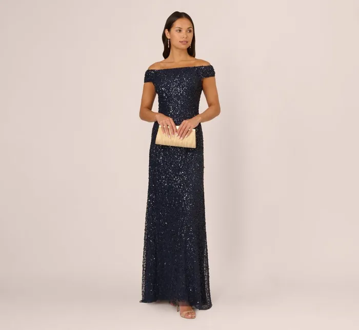 Adrianna Papell Formal Dresses Off The Shoulder Sequin Beaded Gown In Navy 8211 Women