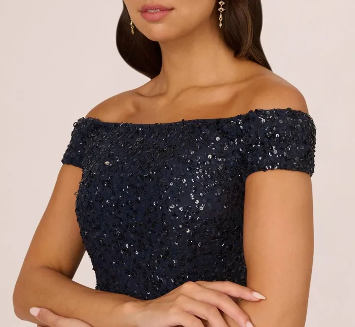Adrianna Papell Formal Dresses Off The Shoulder Sequin Beaded Gown In Navy 8211 Women