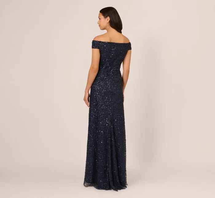 Adrianna Papell Formal Dresses Off The Shoulder Sequin Beaded Gown In Navy 8211 Women