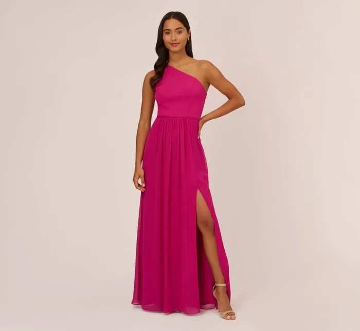 Adrianna Papell Formal Dresses OneShoulder Chiffon Long Gown In Bright Magenta 8211 Women Adrianna Papell Formal Dresses OneShoulder Chiffon Long Gown In Bright Magenta 8211 Women