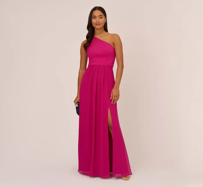 Adrianna Papell Formal Dresses OneShoulder Chiffon Long Gown In Bright Magenta 8211 Women