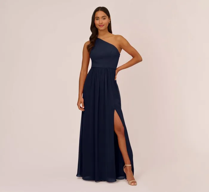 Adrianna Papell Formal Dresses OneShoulder Chiffon Long Gown In Midnight 8211 Women