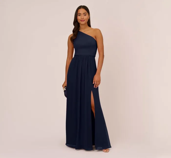Adrianna Papell Formal Dresses OneShoulder Chiffon Long Gown In Midnight 8211 Women