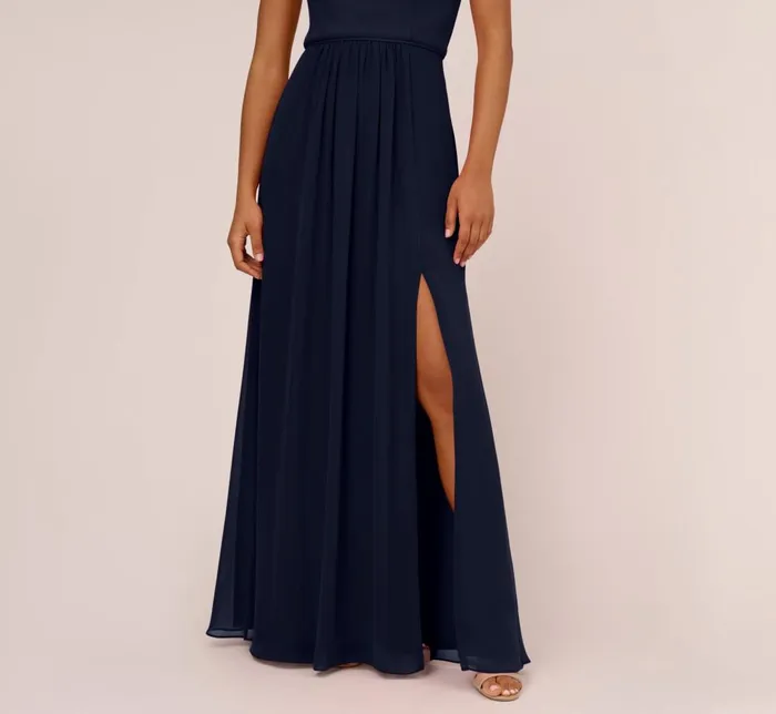 Adrianna Papell Formal Dresses OneShoulder Chiffon Long Gown In Midnight 8211 Women