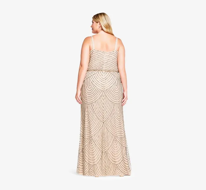 Adrianna Papell Formal Dresses Plus Size Art Deco Beaded Blouson Gown In Taupe Pink 8211 Women