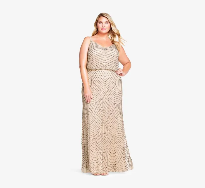 Adrianna Papell Formal Dresses Plus Size Art Deco Beaded Blouson Gown In Taupe Pink 8211 Women