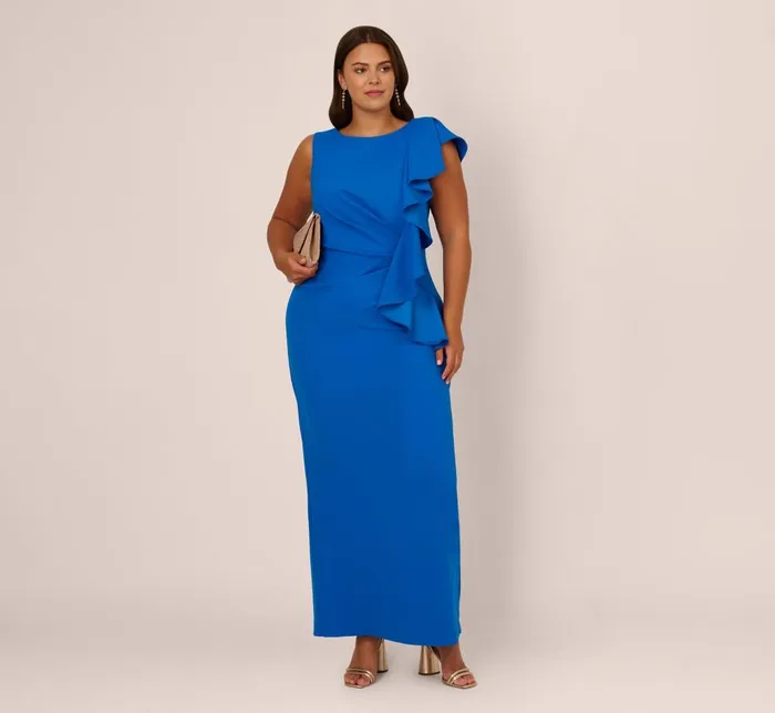 Adrianna Papell Formal Dresses Plus Size Knit Crepe Sleeveless Column Gown With Draped Accent In Cool Cobalt 8211 Women